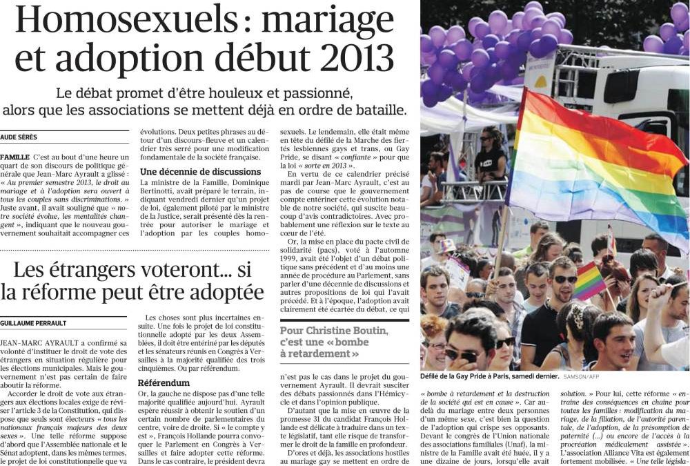 Le Figaro – 04 juillet 2012 : "Homosexuels : mariage et adoption début 2013"