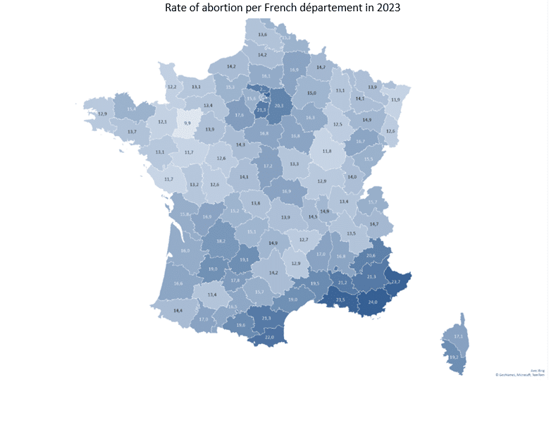 rate of abortion per french département in 2023